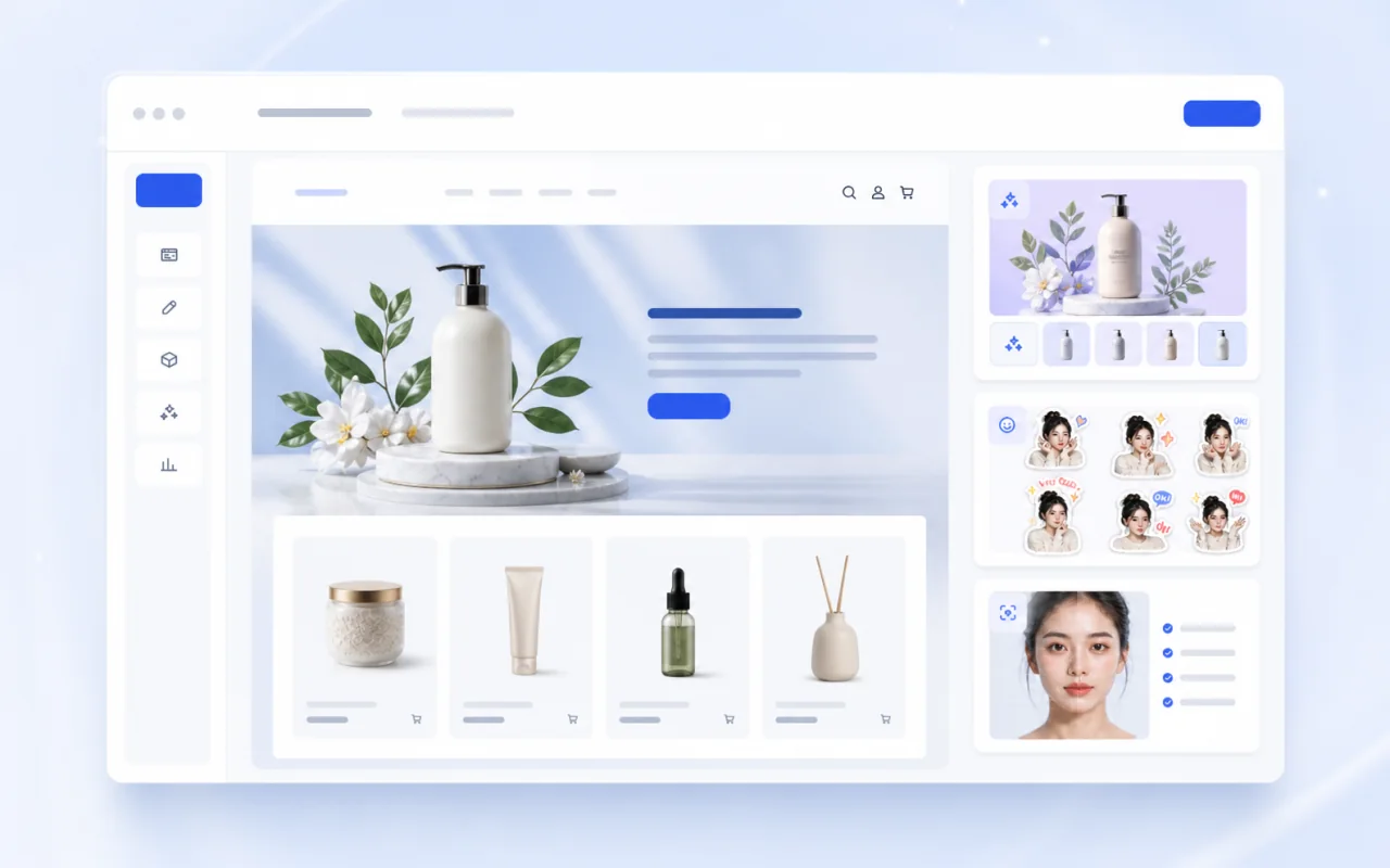 Không gian làm việc GEDA kết hợp trình tạo website, ảnh sản phẩm, Sticker và hướng dẫn Retouch bằng AI