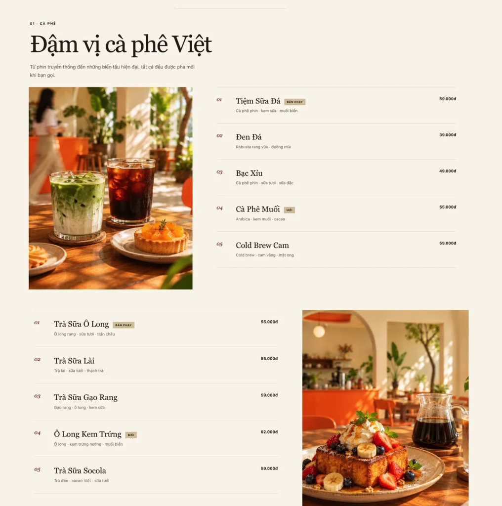 Mẫu website quán cà phê tinh tế, hiện đại – Tiệm Cà Phê